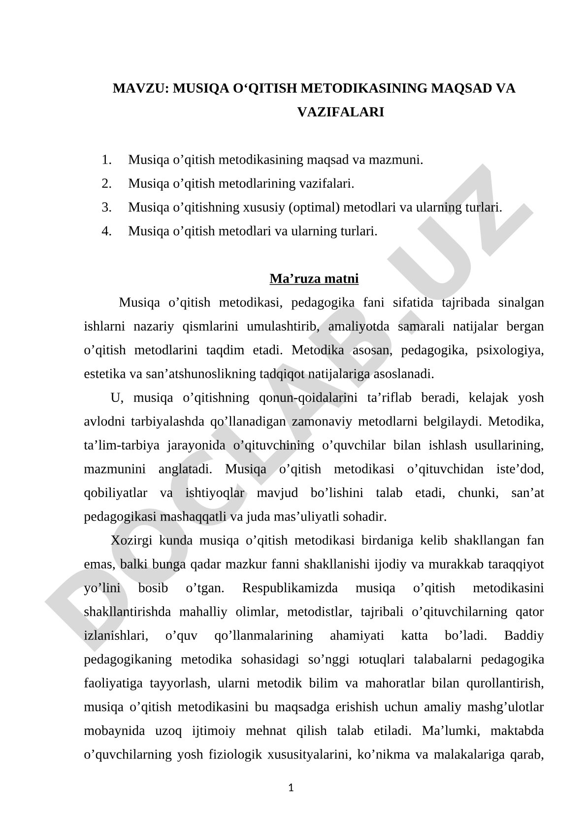 Musiqa o‘qitish metodikasining maqsad va vazifalari