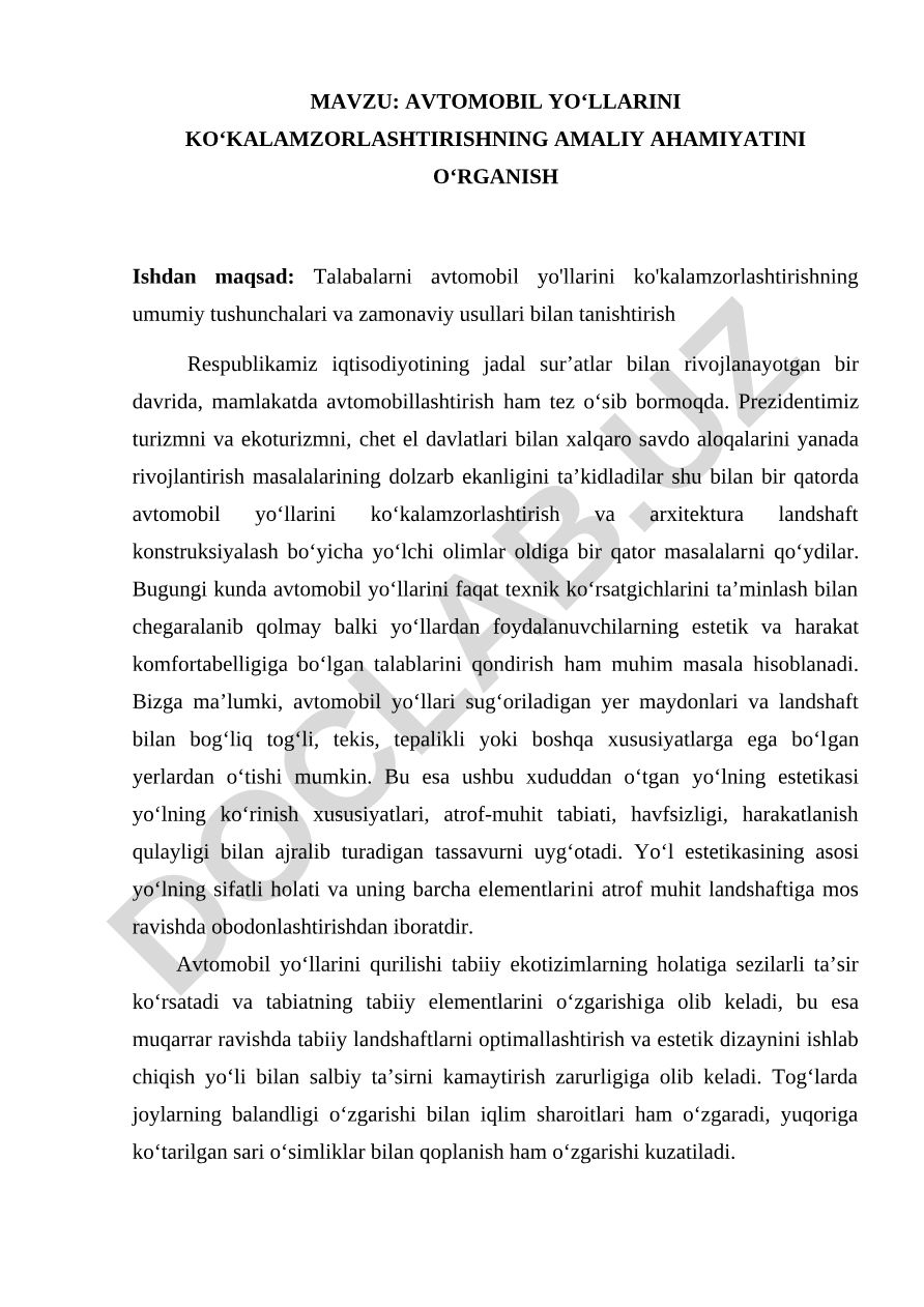 Avtomobil yo‘llarini ko‘kalamzorlashtirishning amaliy ahamiyatini o‘rganish