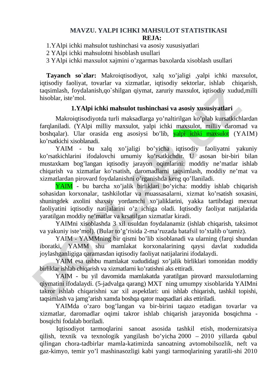 Yalpi ichki mahsulot statistika rejasi