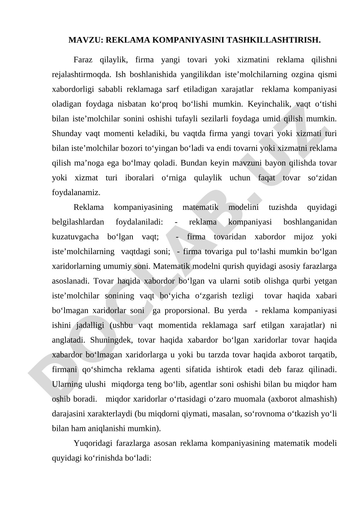 Reklama kompaniyasi tashkil etish kurs ishi