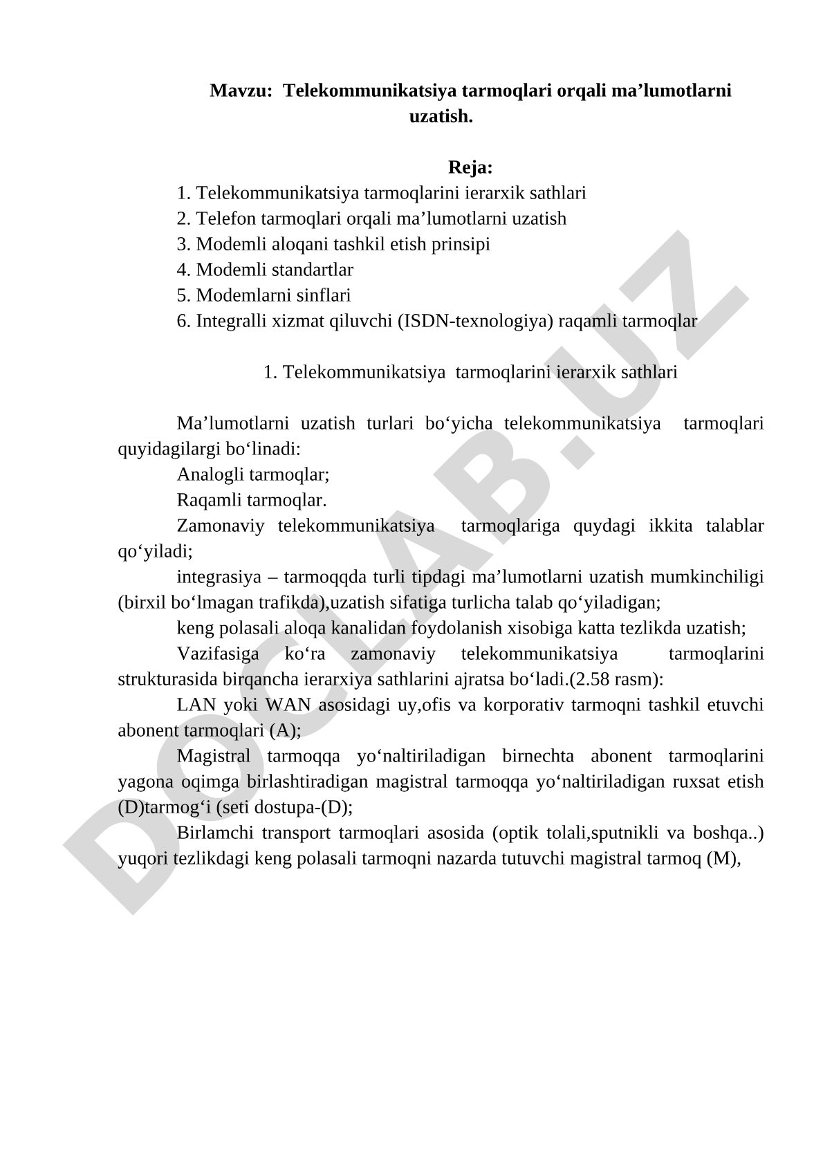 Telekommunikatsiya tarmoqlari kurs ishi