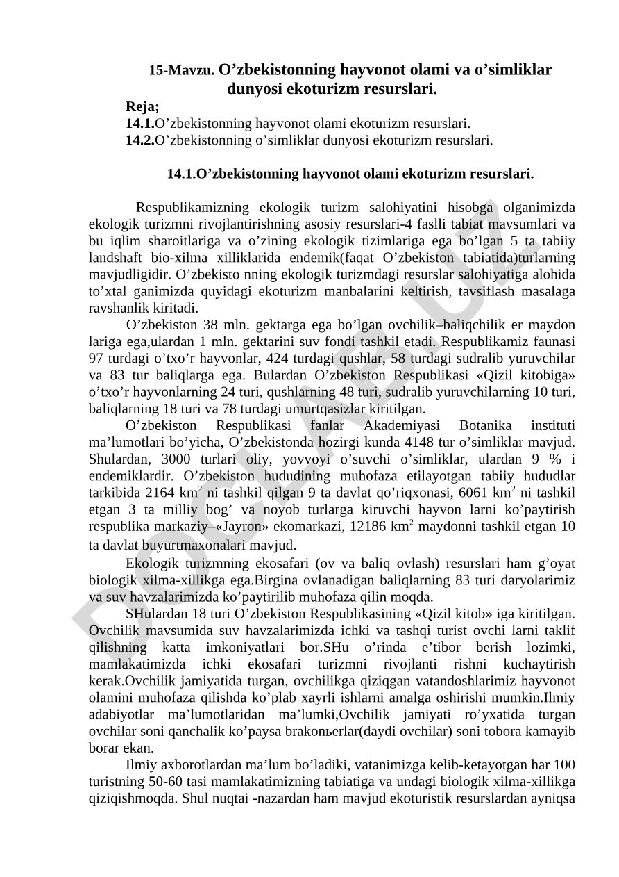 O'zbekistonning hayvonot olami va o'simliklar dunyosi ekoturizm resurslari