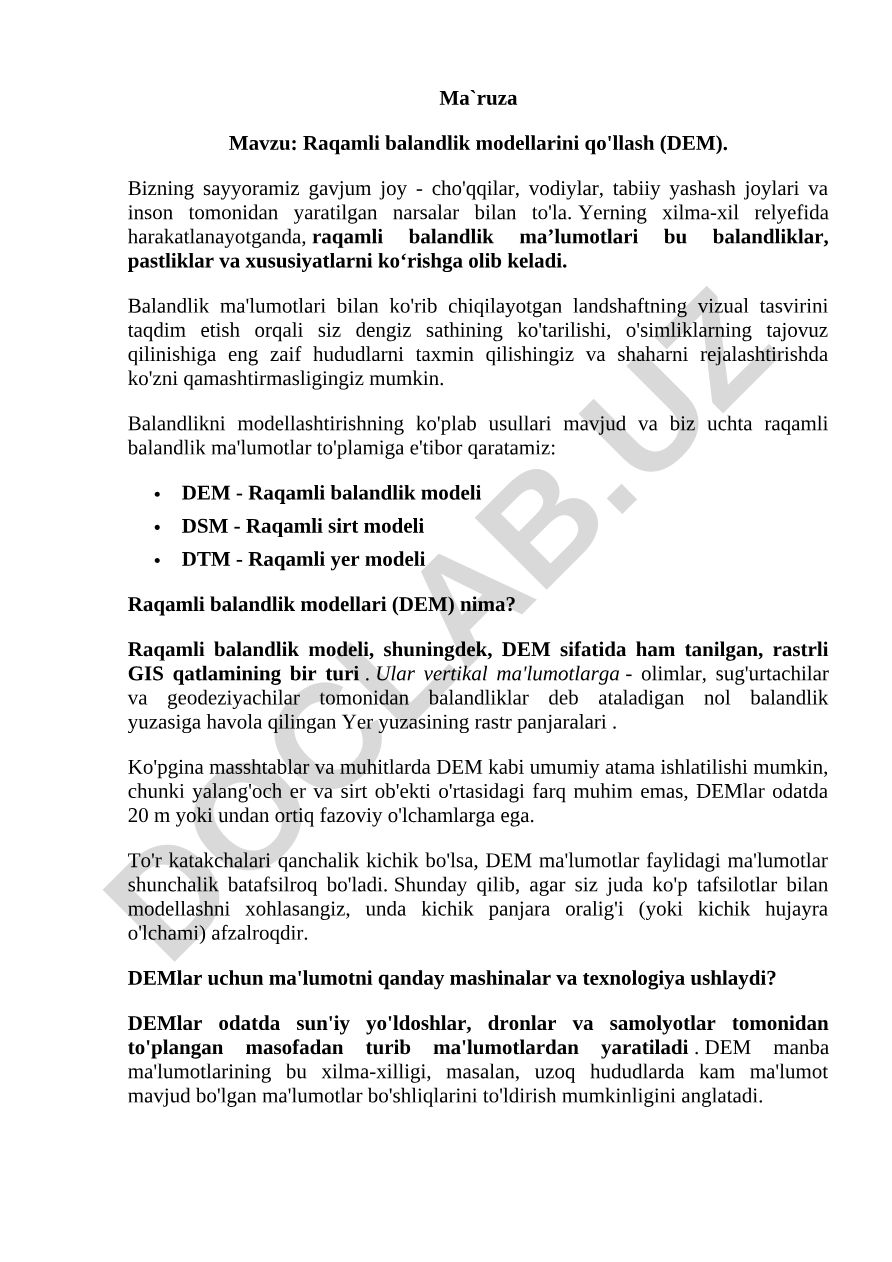 Raqamli balandlik modellarini qo'llash (DEM)