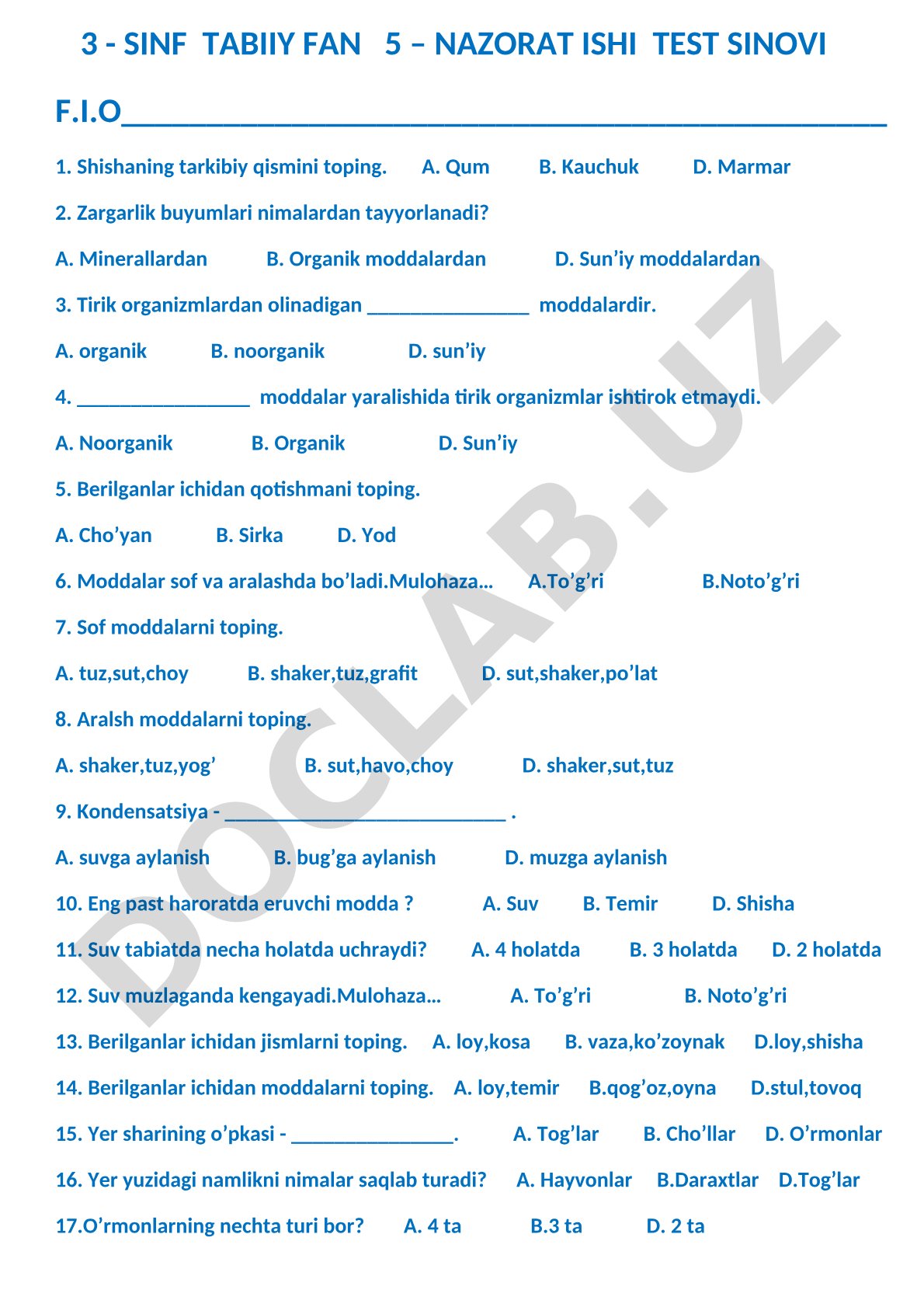 Tabiiy fan test sinovi hujjati