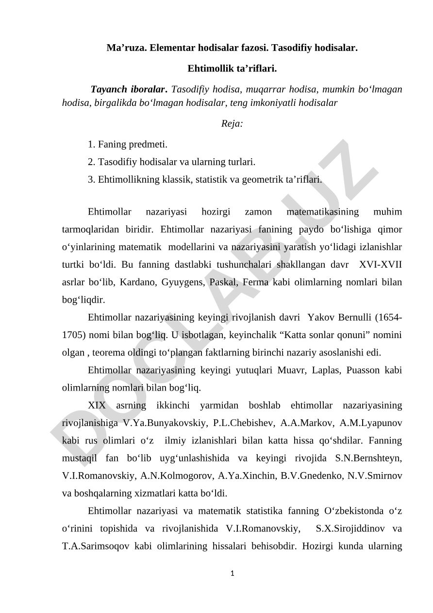 Elementar hodisalar fazosi va ehtimollik ta'riflari