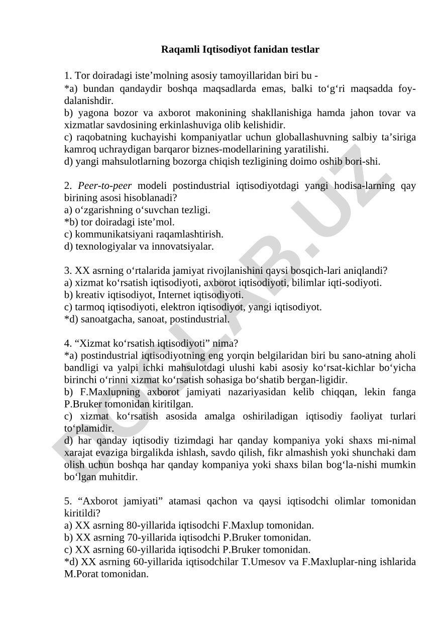 Raqamli iqtisodiyot fanidan test savollari