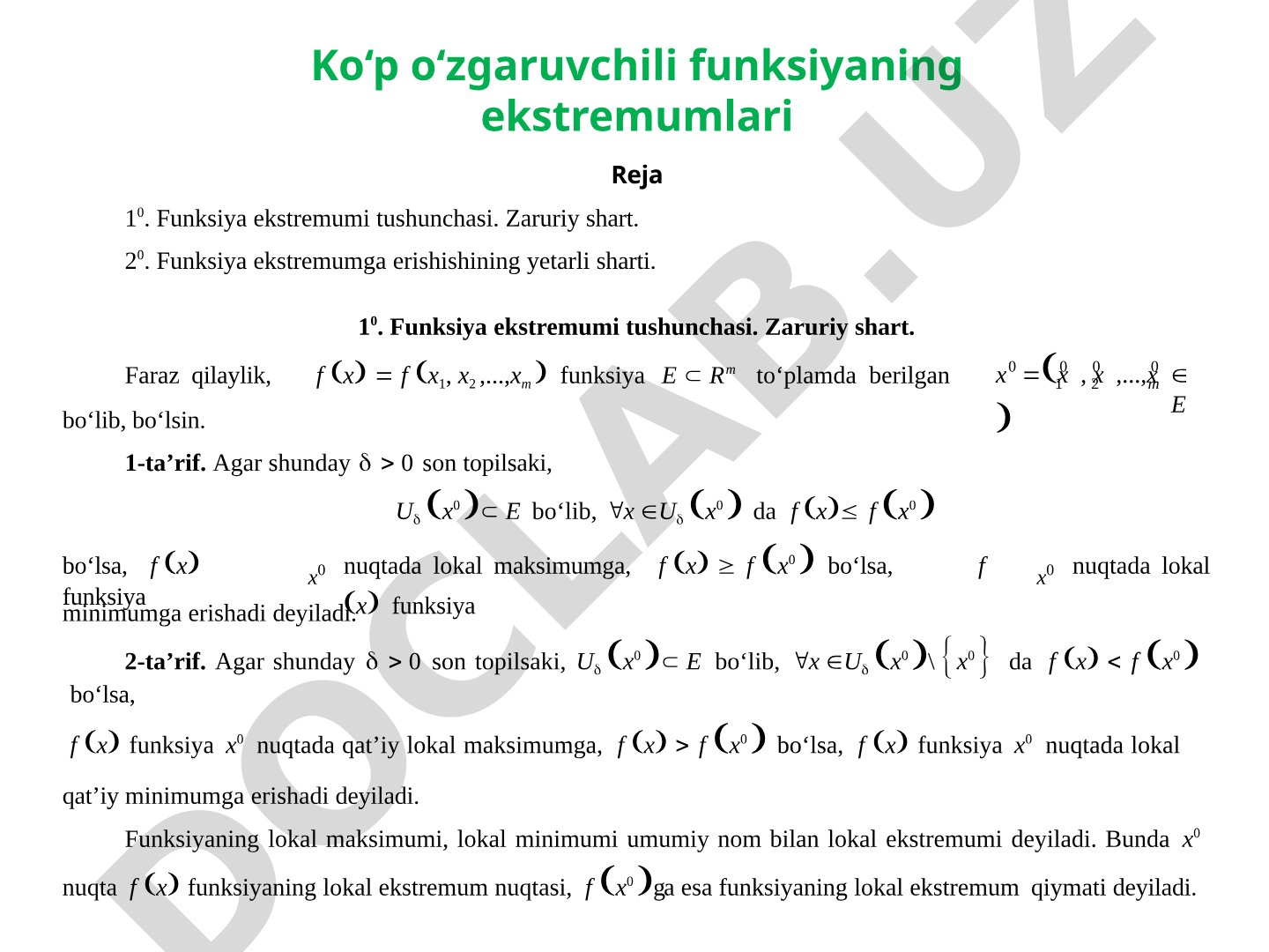 Ko'p o'zgaruvchili funksiya ekstremumi taqdimoti
