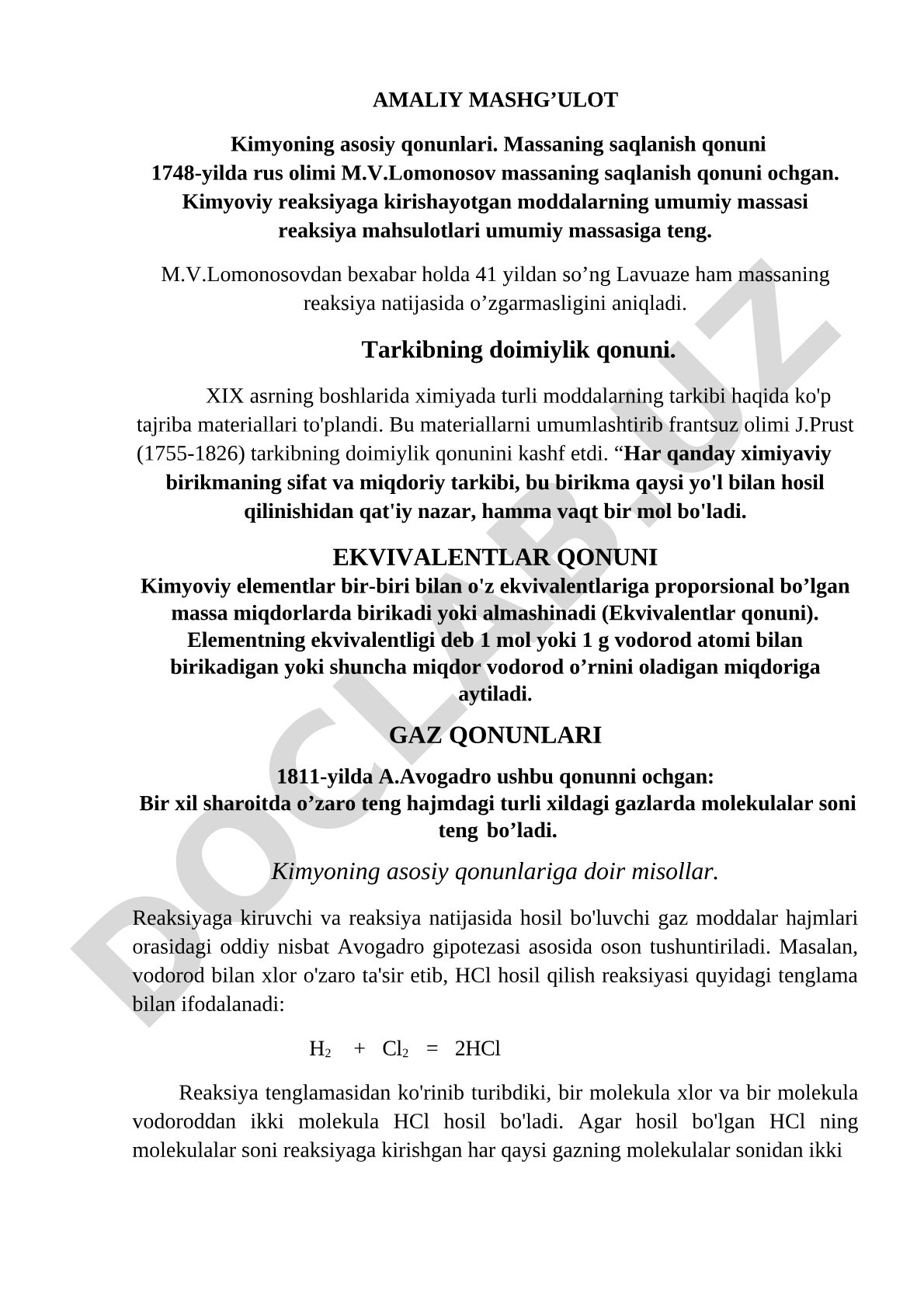 Kimyoviy qonunlar amaliy mashg'uloti