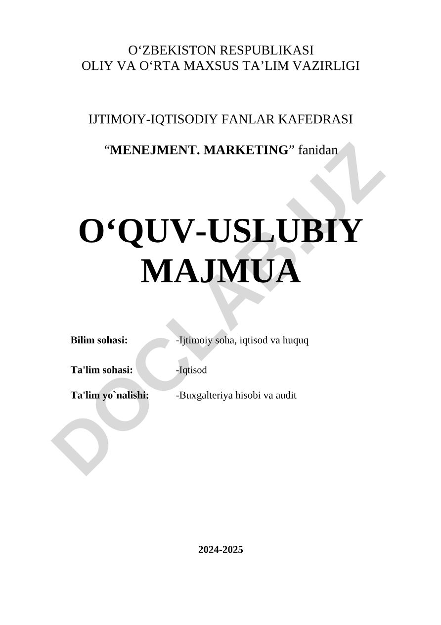 Menejment va marketing fanidan o'quv-uslubiy majmua