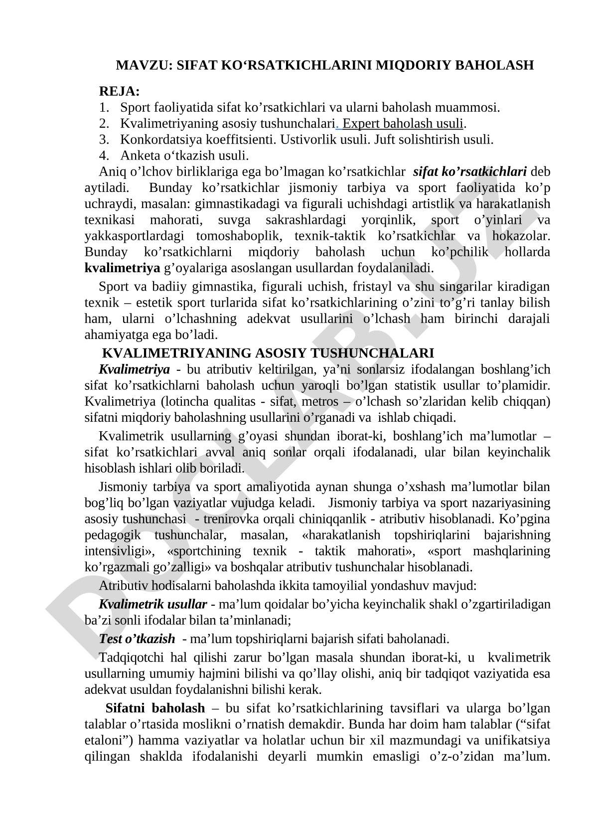 Sifat ko'rsatkichlari baholash rejasi