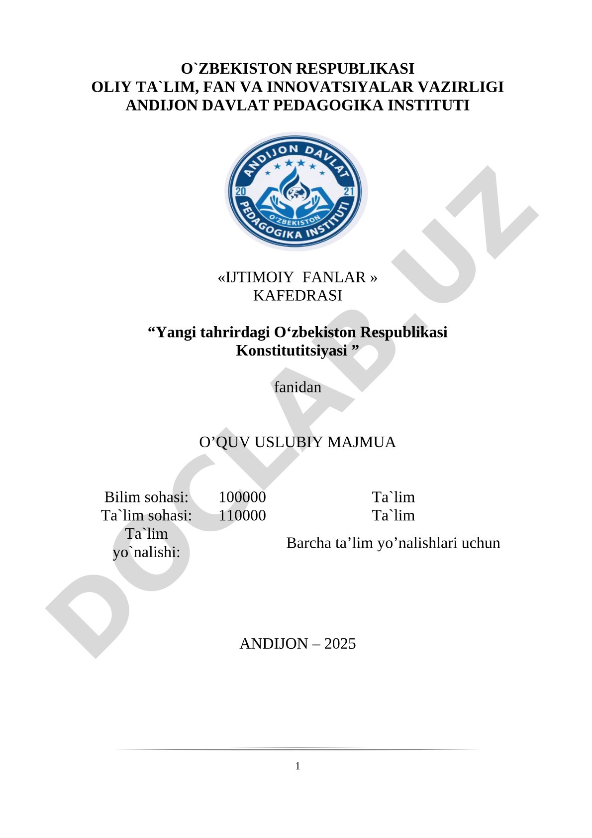 Konstitutsiya fanidan o'quv uslubiy majmua