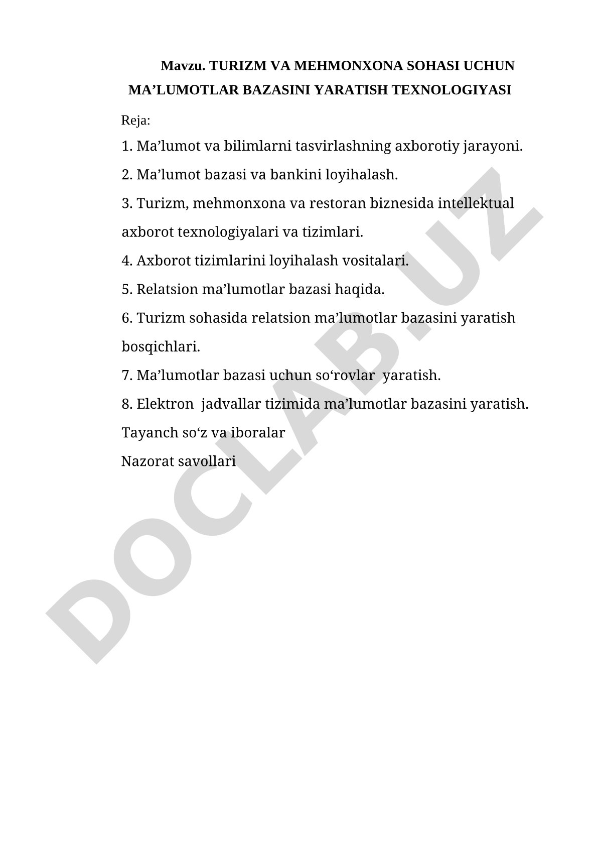 Turizm ma'lumotlar bazasi kurs ishi