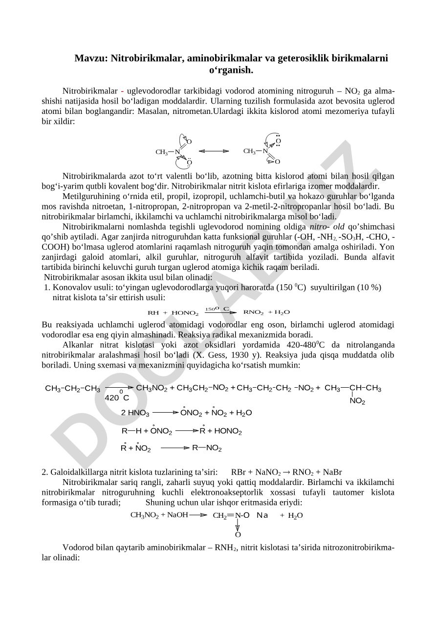 Nitrobirikmalar, aminobirikmalar va geterosiklik birikmalarni o‘rganish