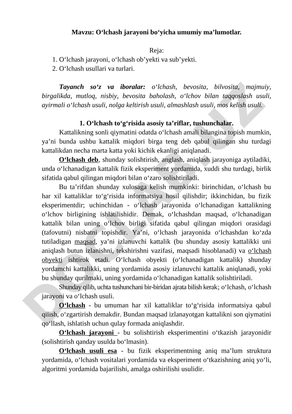 O‘lchash jarayoni bo‘yicha umumiy ma’lumotlar