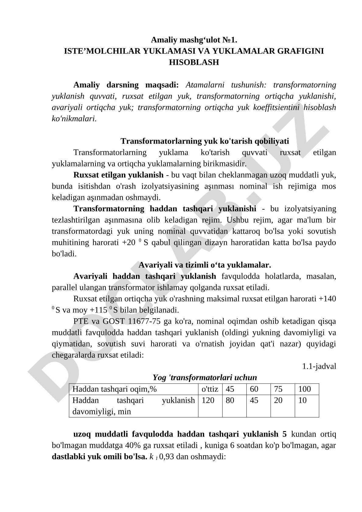 Iste'molchilar yuklamasi va yuklamalar grafigini hisoblash