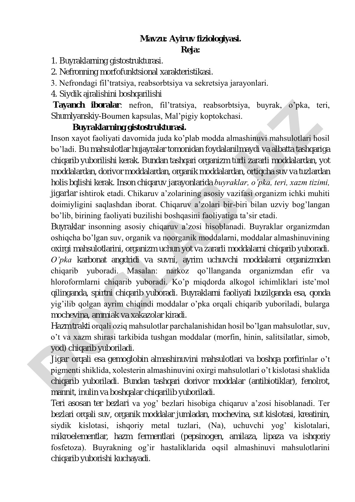 Ayiruv fiziologiyasi kurs ishi