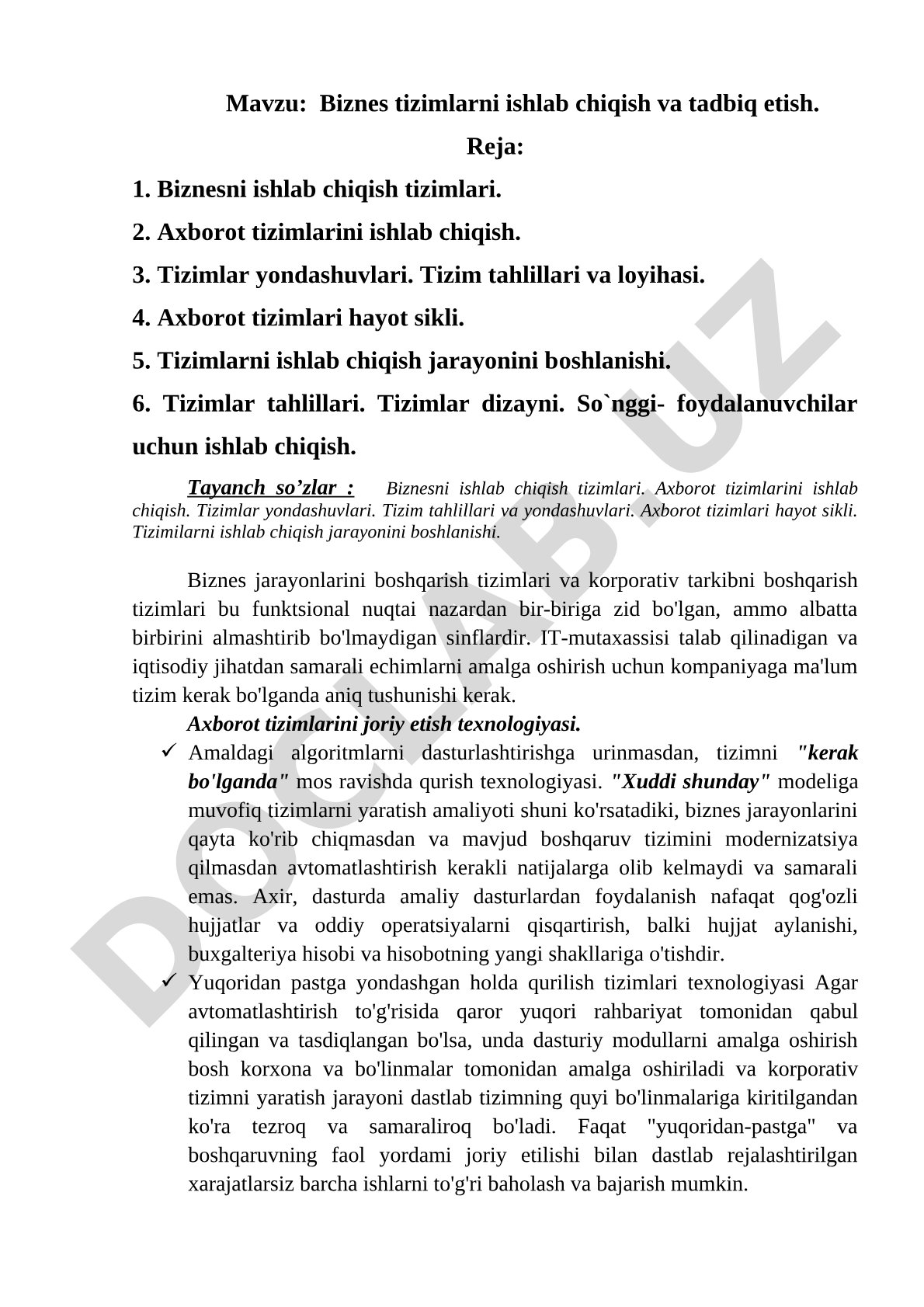 Biznes tizimlarni ishlab chiqish hujjati