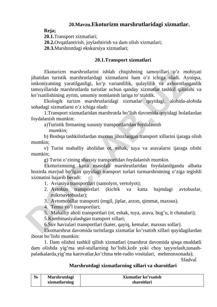 Ekoturizm marshrutlaridagi xizmatlar