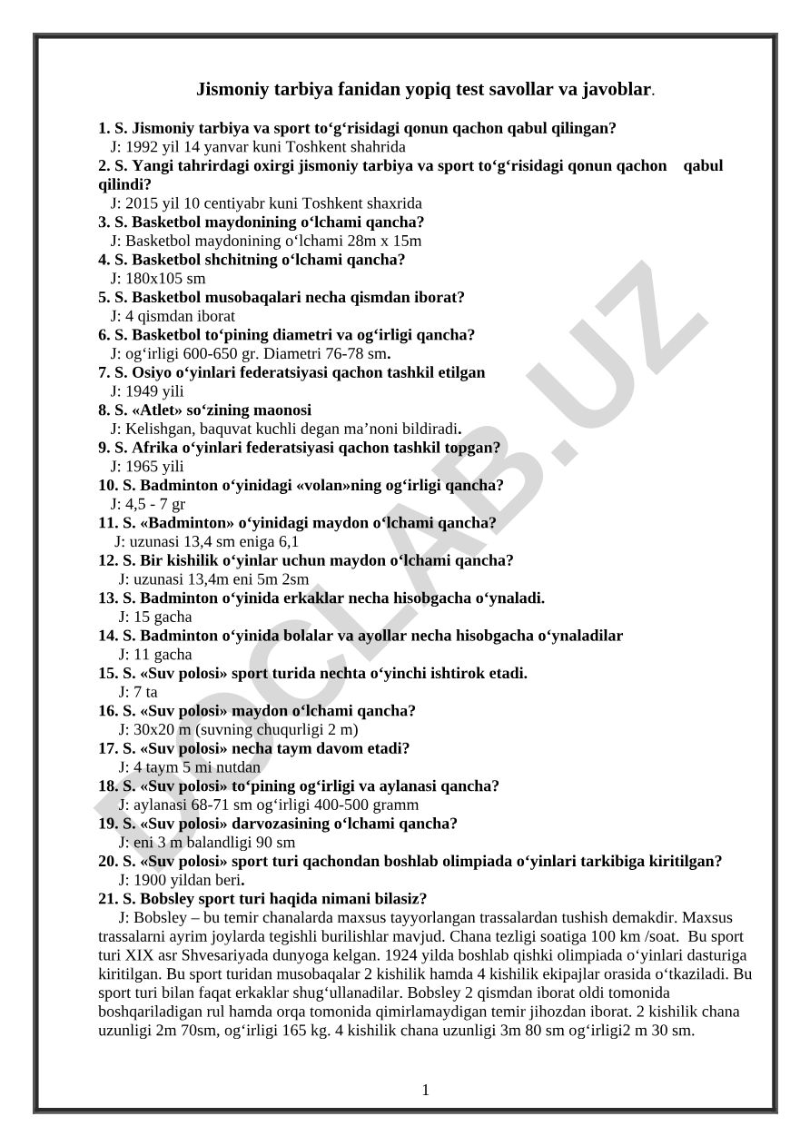 Jismoniy tarbiya fanidan test savollar va javoblar