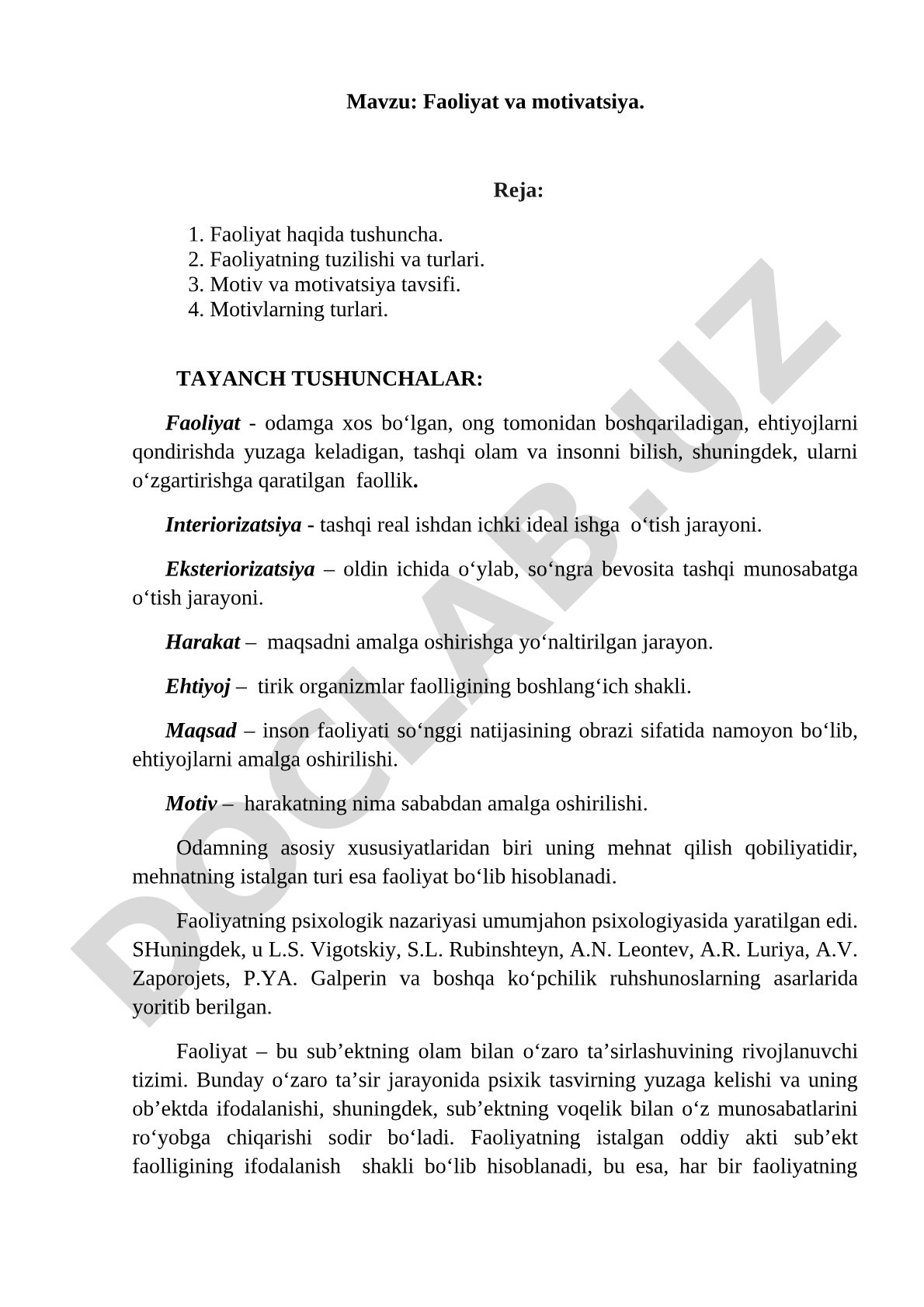 Faoliyat va motivatsiya kurs ishi