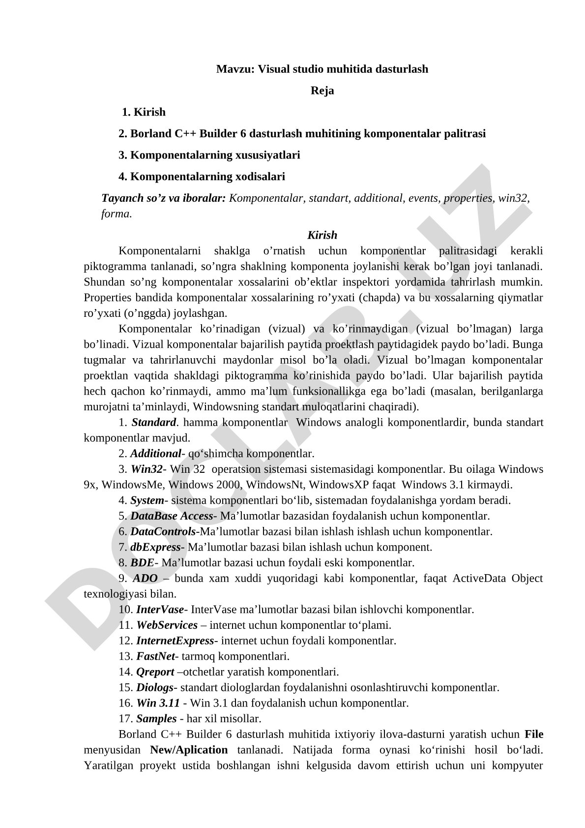 Dasturlash muhiti komponentalari rejasi