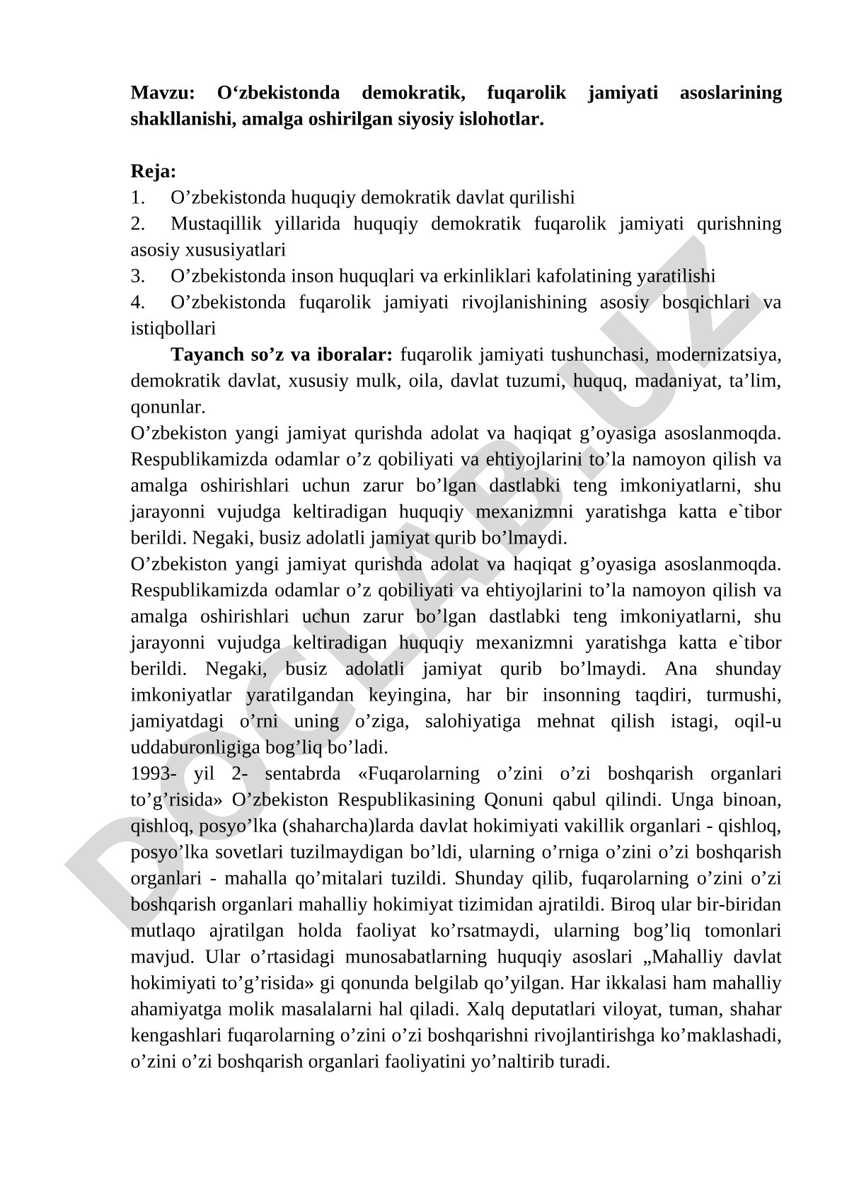 O‘zbekistonda demokratik, fuqarolik jamiyati asoslarining shakllanishi, amalga oshirilgan siyosiy islohotlar