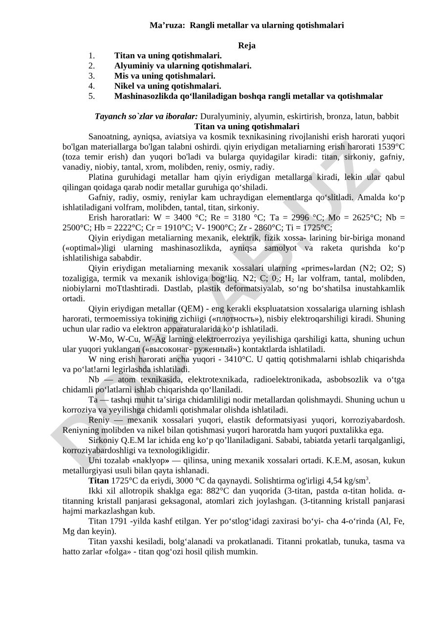 Rangli metallar va ularning qotishmalari