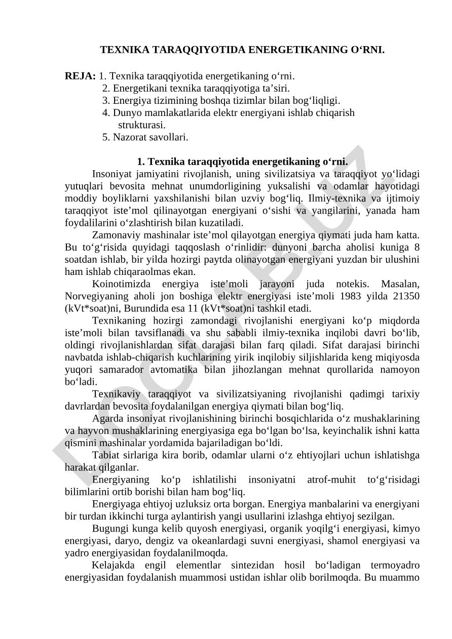Texnika taraqqiyotida energetikaning o‘rni