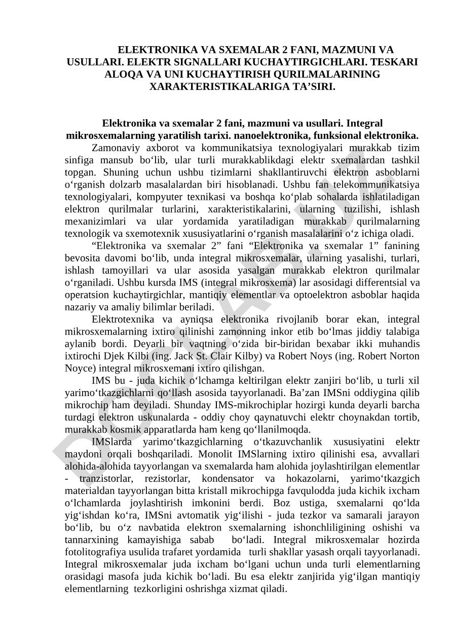 Elektronika va sxemalar 2 fani, mazmuni va usullari