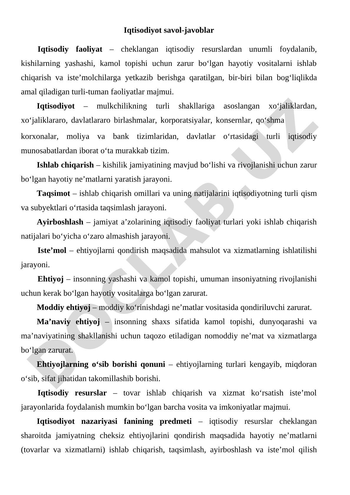 Iqtisodiyot savol-javoblar