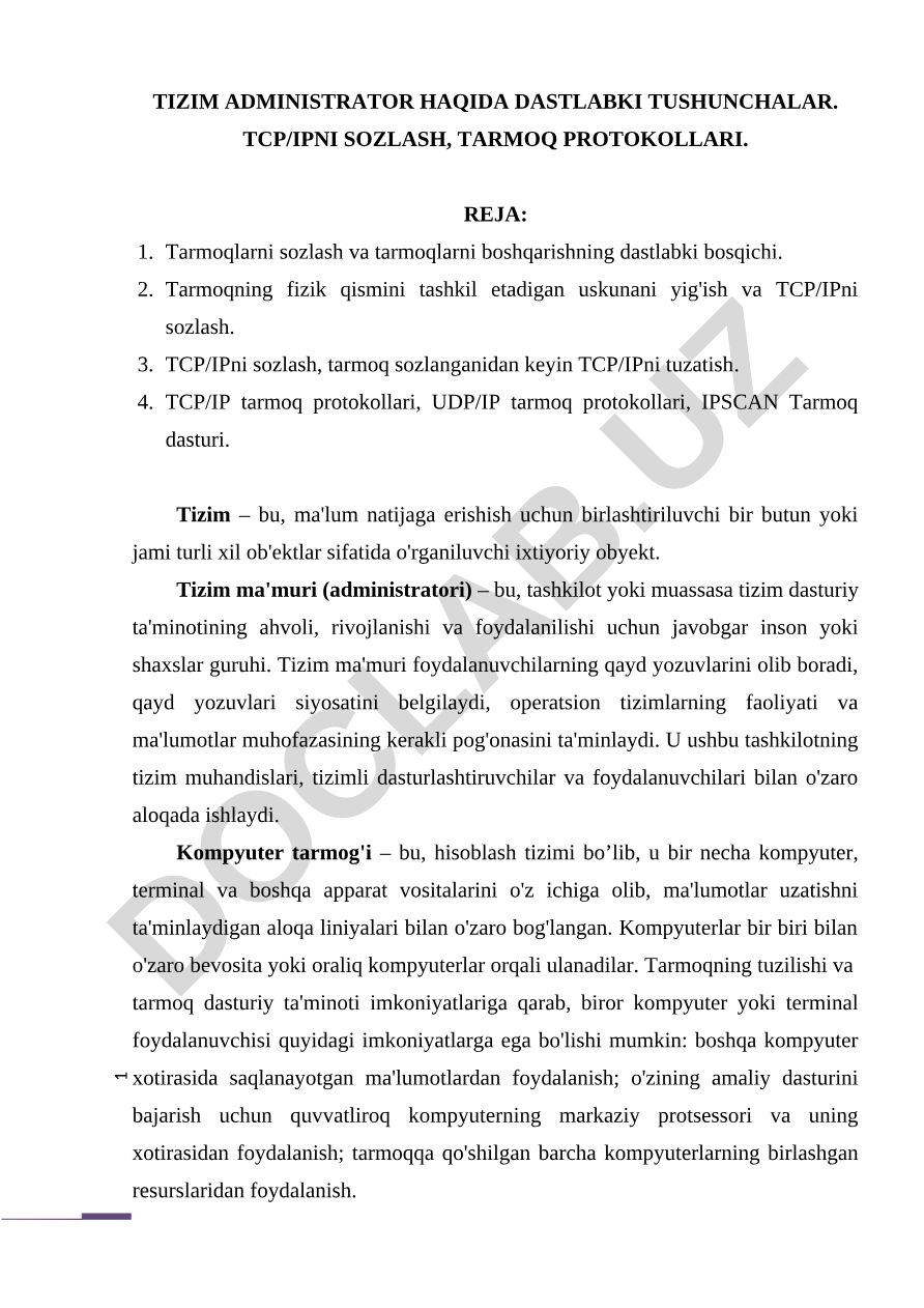 Tizim administratori haqida dastlabki tushunchalar va TCP/IP sozlash