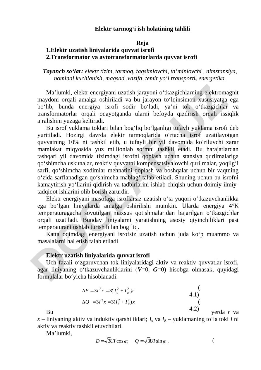Elektr tarmog‘i ish holatining tahlili