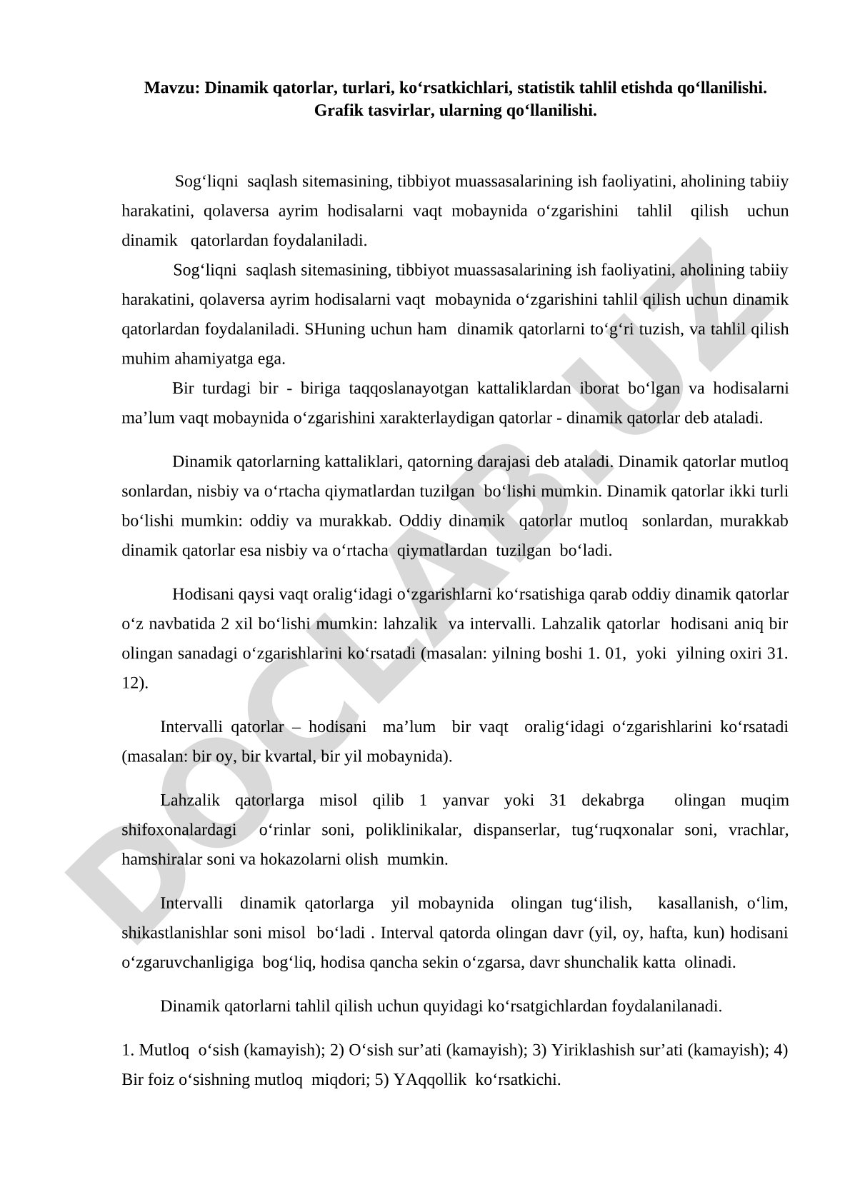 Dinamik qatorlar tahlili kurs ishi