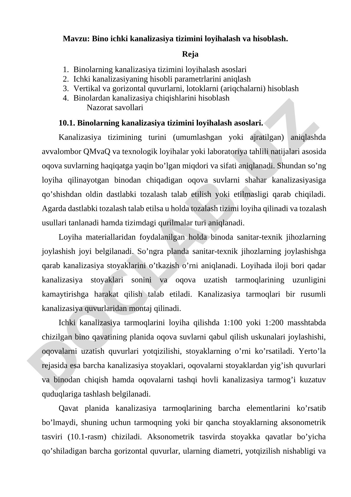 Bino ichki kanalizasiya tizimini loyihalash va hisoblash