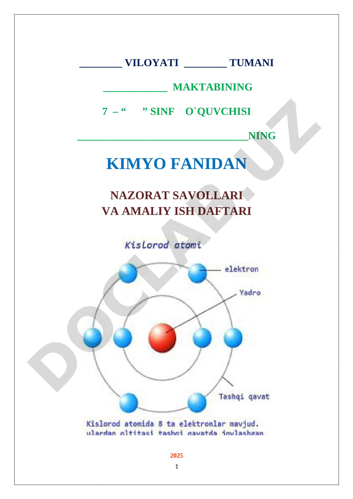 Kimyo fanidan amaliy ish daftari