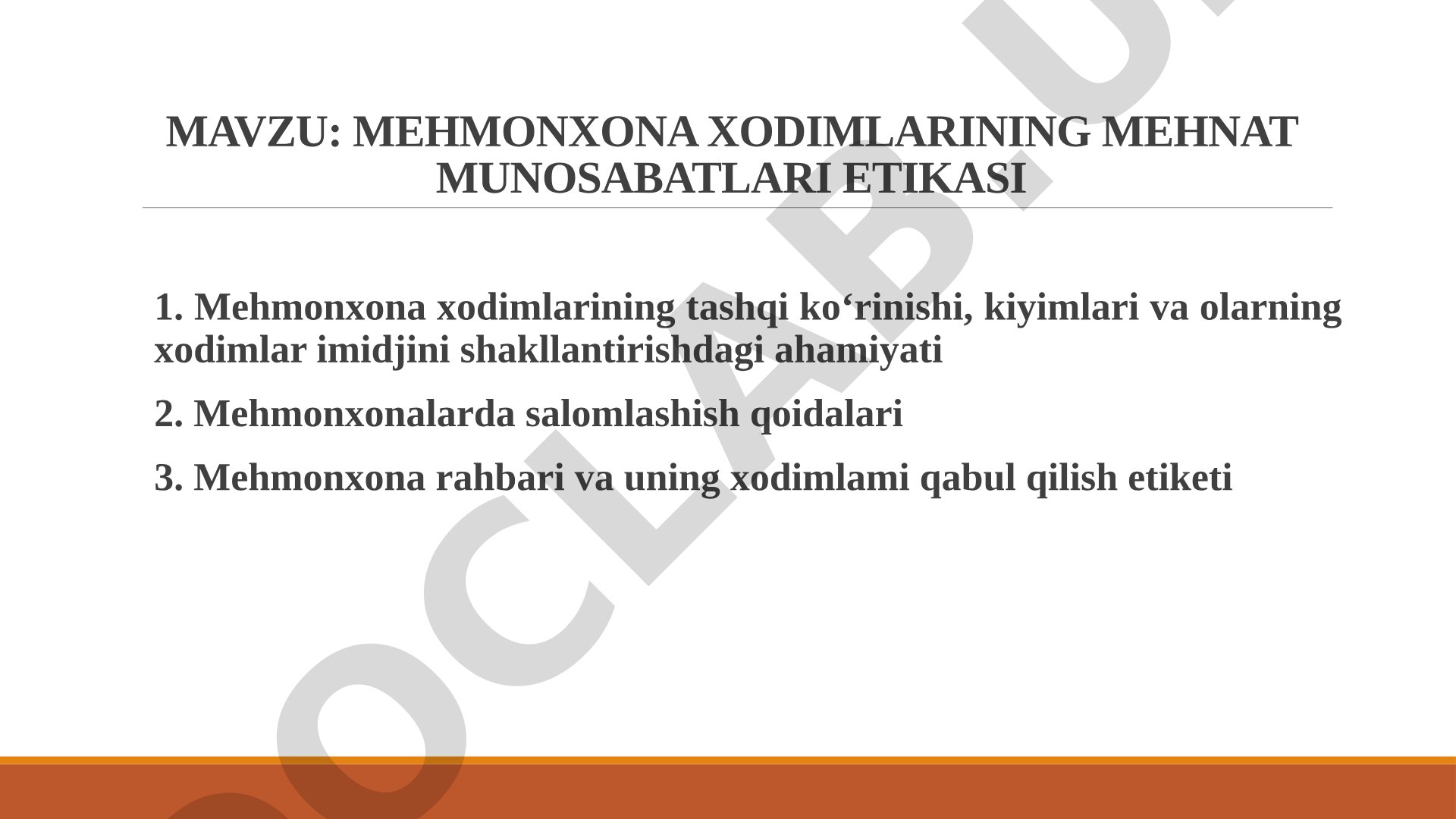 Mehmonxona xodimlari mehnat munosabatlari etikasi taqdimoti