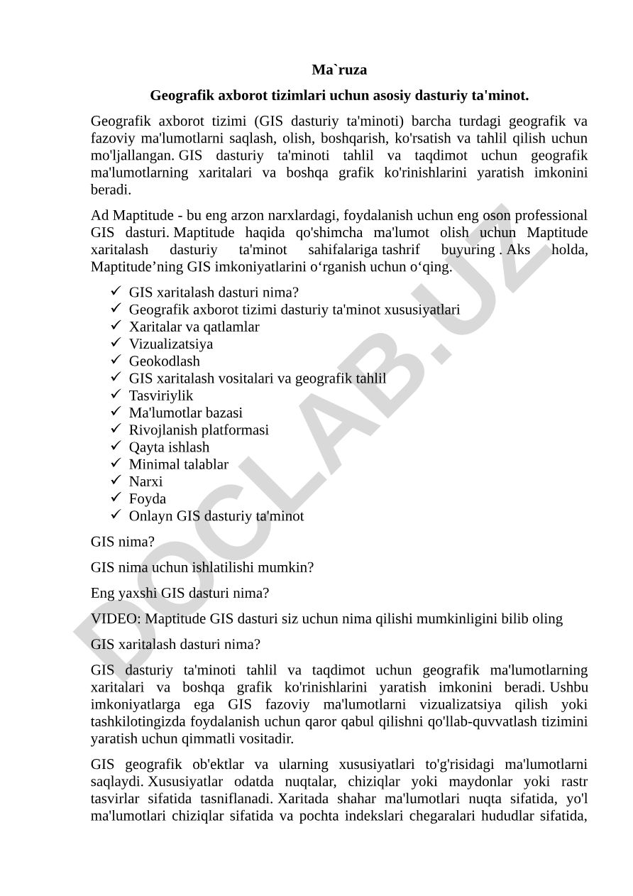 Geografik axborot tizimlari uchun asosiy dasturiy ta'minot