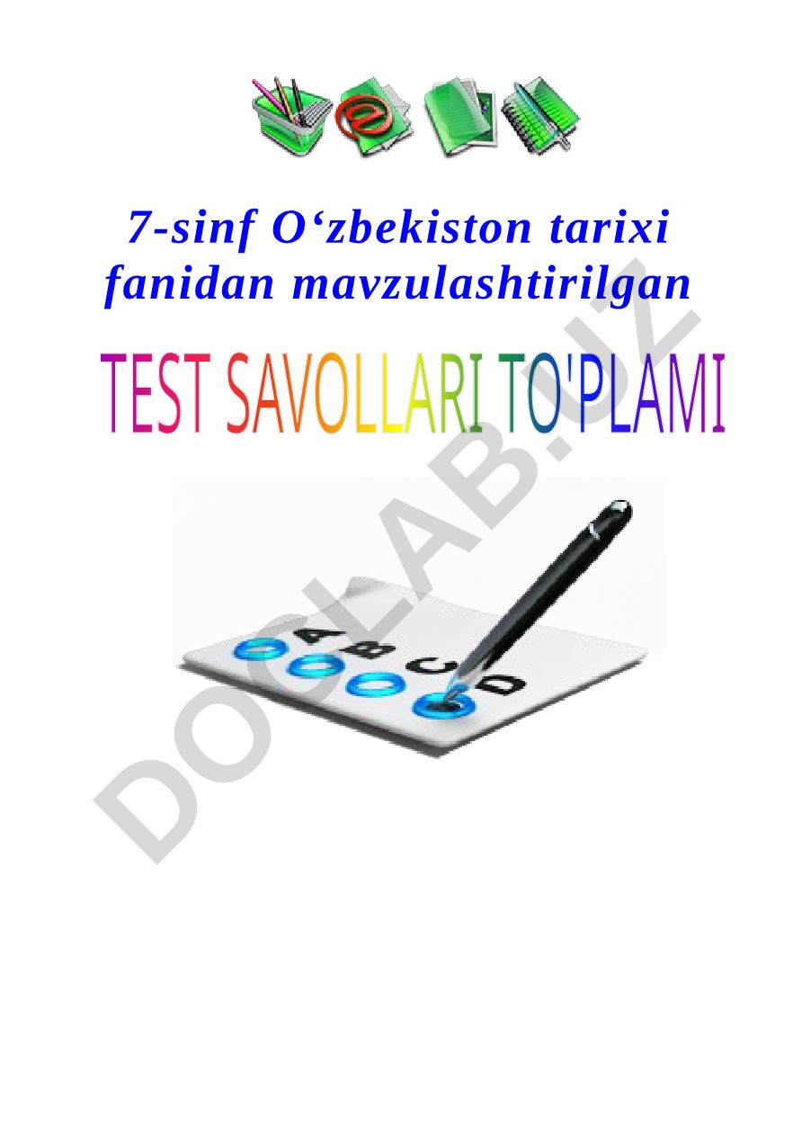 7-sinf O‘zbekiston tarixi fanidan mavzulashtirilgan test savollari to‘plami