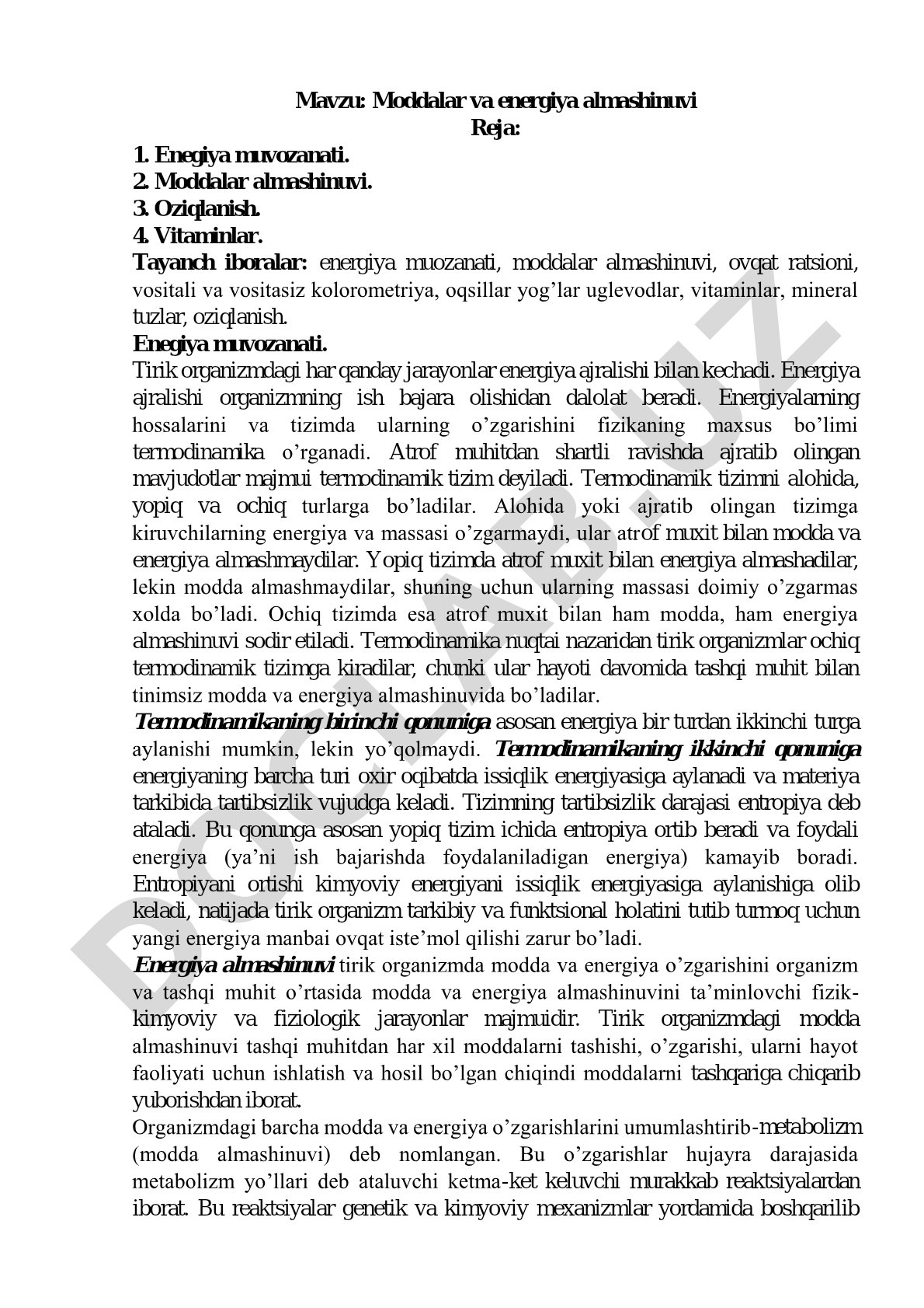Moddalar va energiya almashinuvi rejasi