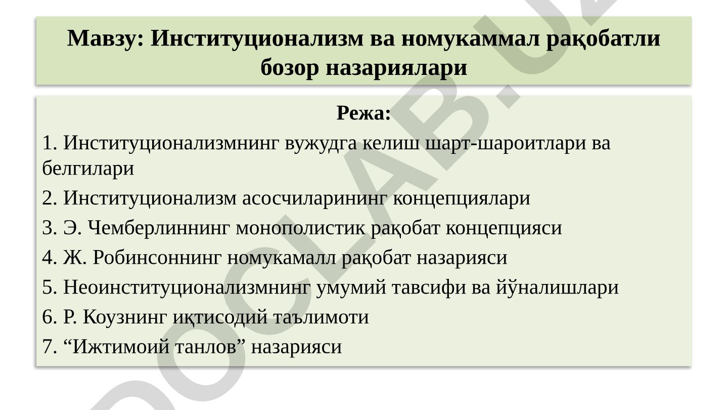 Институционализм ва номукаммал рақобатли бозор назариялари