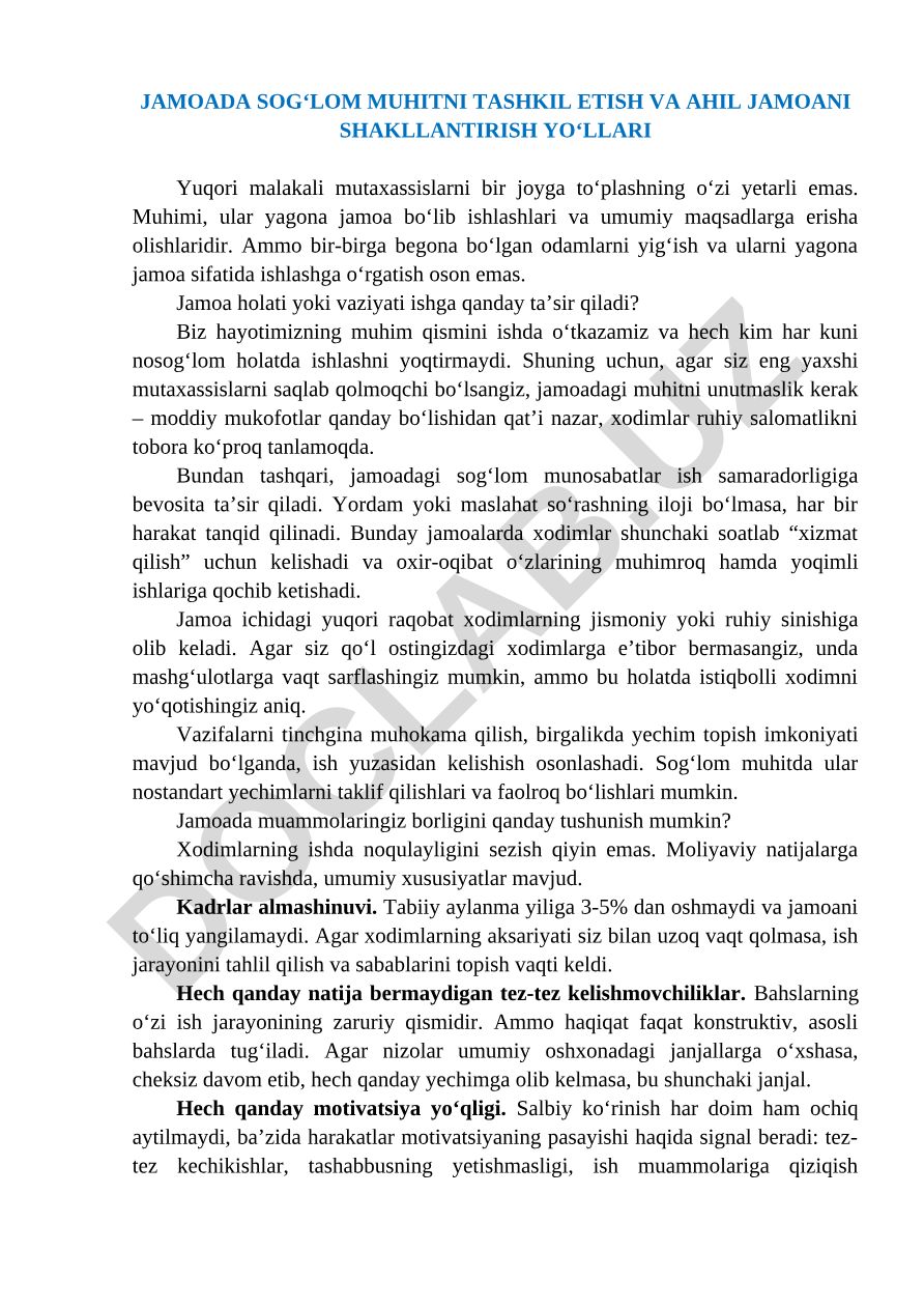 Jamoada sog‘lom muhitni tashkil etish va ahil jamoa shakllantirish yo‘llari