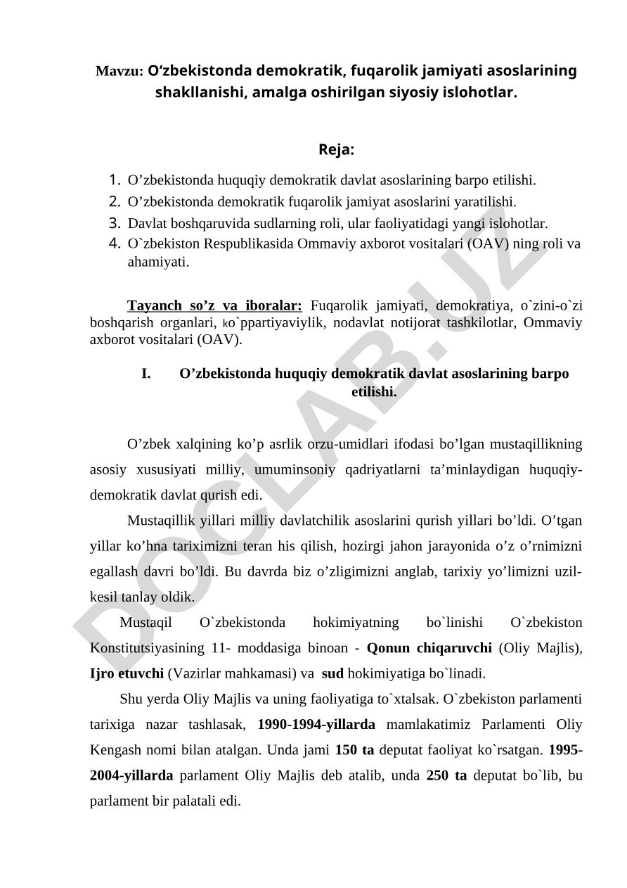 O‘zbekistonda demokratik, fuqarolik jamiyati asoslarining shakllanishi, amalga oshirilgan siyosiy islohotlar