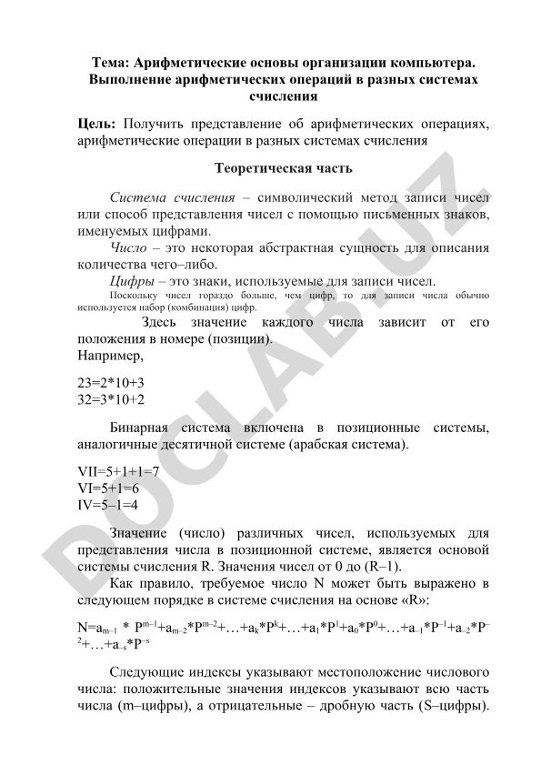 Арифметические основы организации компьютера. Выполнение арифметических операций в разных системах счисления