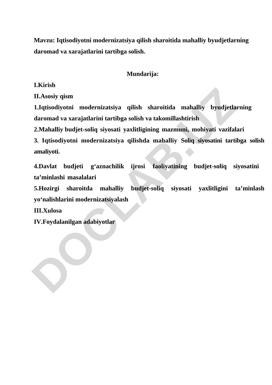 Iqtisodiyotni modernizatsiya qilish sharoitida mahalliy byudjetlarning daromad va xarajatlarini tartibga solish