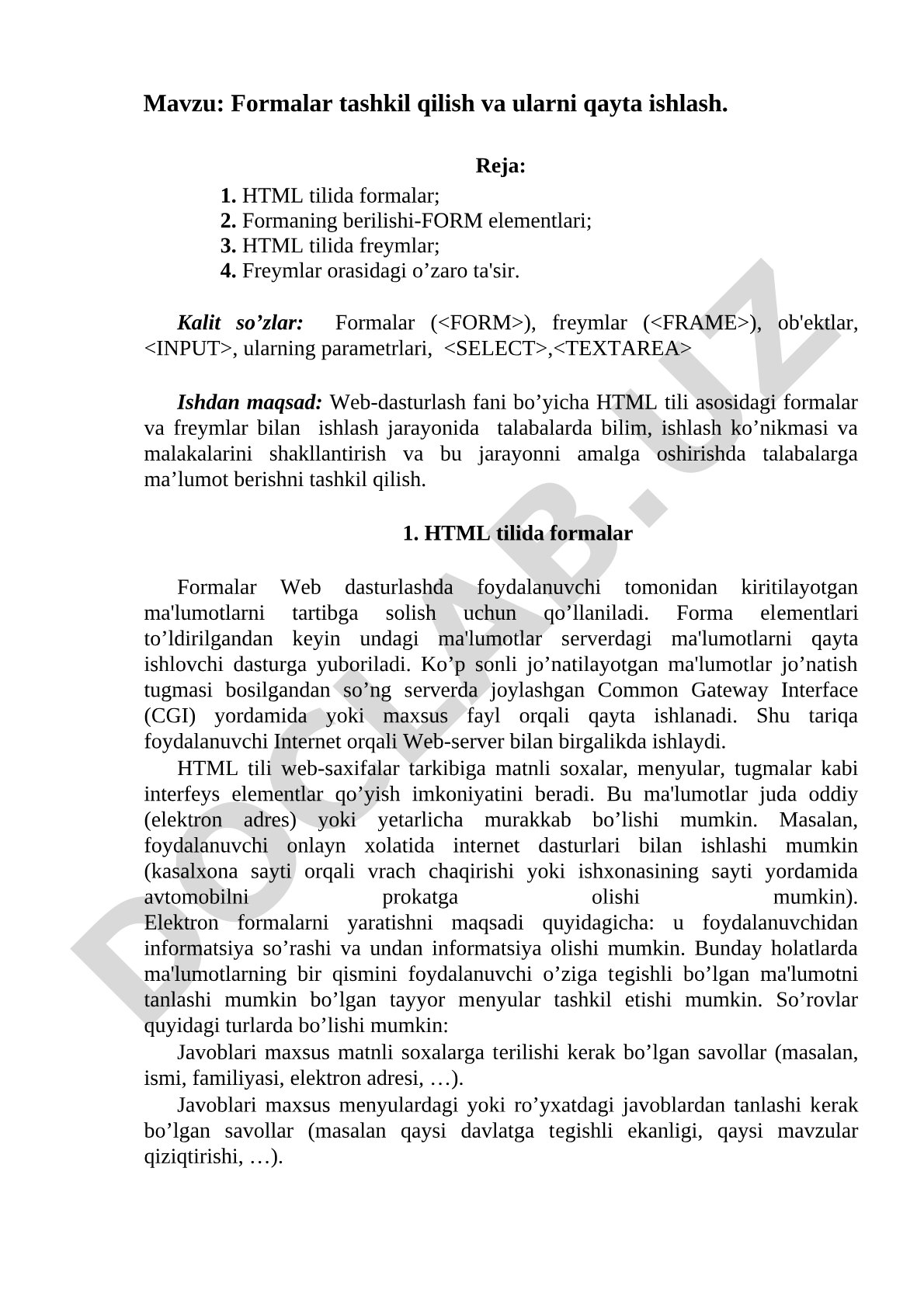HTML formalari va freymlari bo'yicha kurs ishi