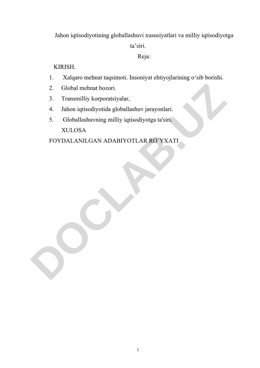 Jahon iqtisodiyotining globallashuv xususiyatlari va milliylar iqtisodiyotga ta'siri