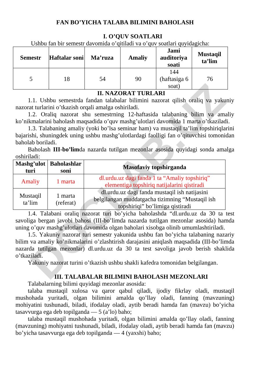 Fan bo'yicha talaba bilimini baholash tartibi va mezonlari