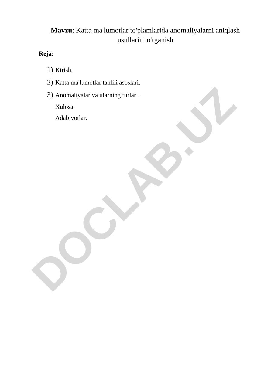 Katta ma'lumotlar to'plamlarida anomaliyalarni aniqlash usullarini o'rganish