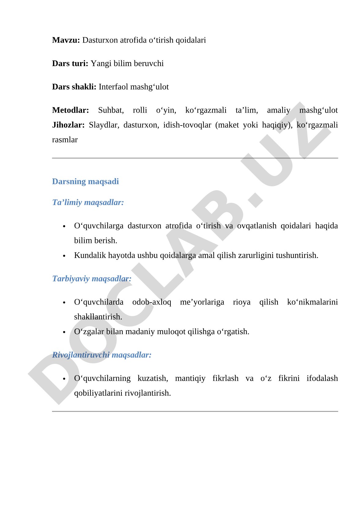 Dasturxon odob qoidalari dars ishlanmasi