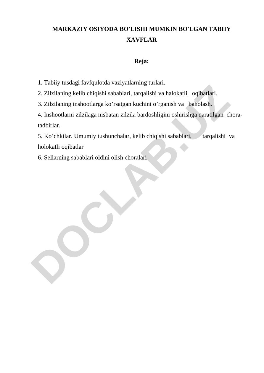 Markaziy Osiyoda bo'lishi mumkin bo'lgan tabiiy xavflar